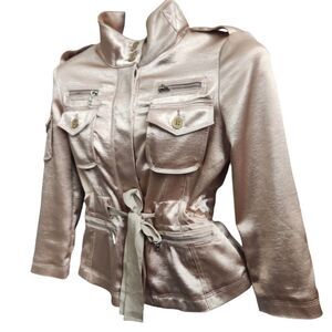 Bebe Office Siren Metallic Utility Jacket Powder Rose Satin Cargo Blazer Y2K - 2